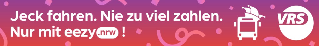 Werbung für die eezy.nrw-App, die günstige Fahrten im öffentlichen Nahverkehr in NRW anbietet, mit Slogan und Piktogramm eines Busses.